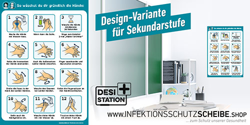 Plakat „Anleitung Händewaschen“ für Sekundarstufe, Farbstil petrol